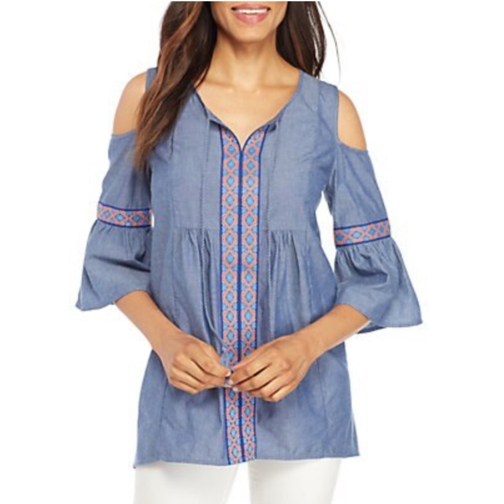 New Directions cold shoulder embroidered top